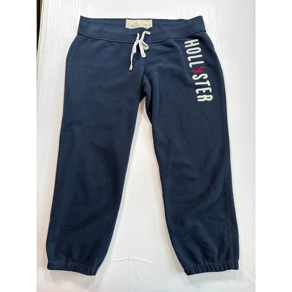 Hollister Y2K Navy Blue Fleece Joggers Embroidered Logo Drawstring Sweatpants M - Picture 1 of 7